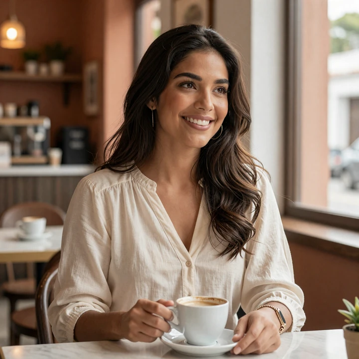 Smiling Latina woman in everyday clothes at a cafe - illustrative profile photo for Latidreams dating site review