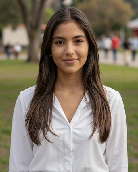 Young Colombian woman with brown hair smiling in a park - illustrative profile sample for Latina dating site review