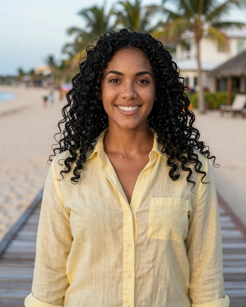 Dominican woman with curly hair on Caribbean boardwalk - illustrative profile sample for Latidreams review