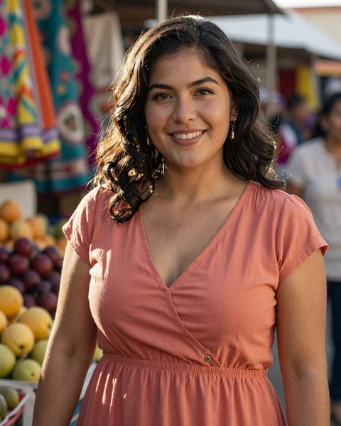 Mexican woman in coral dress at a market - illustrative Latidreams profile example for editorial review